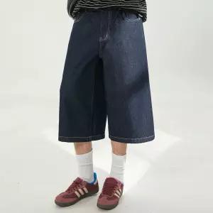 코디코치 와이드 생지 데님 반바지 7부 벌룬핏 시티보이 밴딩 하프 팬츠 남성 여름 루즈핏 힙합 스티치