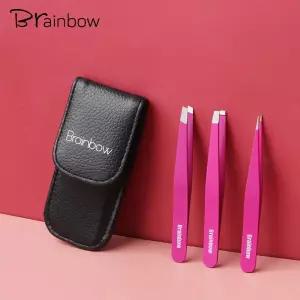 Brainbow 3pcs 눈썹 족집게 세트 스테인레스 스틸 경사 팁/포인트 팁/플랫 눈 얼굴 제모 메이크업 도구