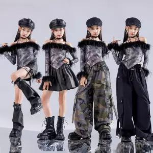 재즈 댄스 의상 Kpop 무대 오프 숄더 탑 블랙 셔플 바지 스커트 반바지 패션쇼 모델 소녀
