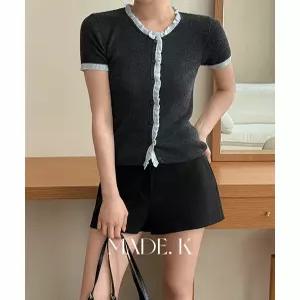 페이나 배색 프릴 골지 반팔 니트 가디건