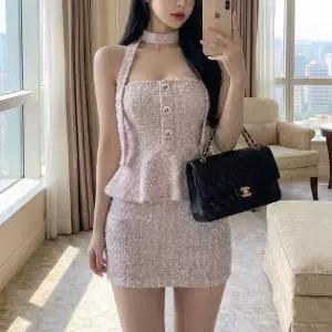 여자 페플럼 트위드 오프숄더 미니 투피스