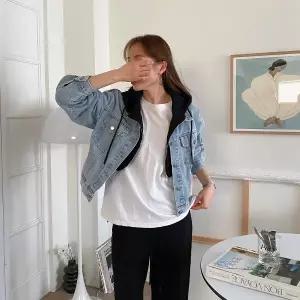 |CHJ6EB5|여성용 레이어드 크롭 후드 청 자켓