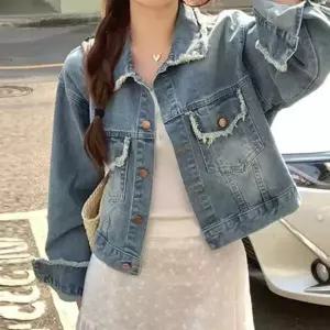 |CCJ6F5B|여성용 가을 데미지 청자켓 크롭 스타일 블루