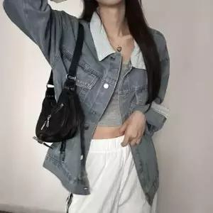 |CCJ6F5C|여성용 가을 배색 카라 루즈핏 연청 데님 재킷