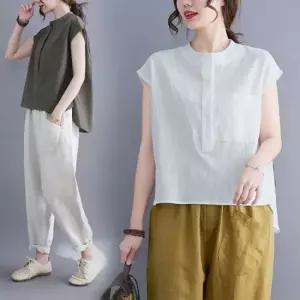 오너클랜 린넨 헨리넥 반팔 티셔츠 여름용 포켓 퍼프 셔츠 상의 원피스 드레스 실내복 파자마