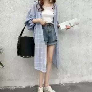 [하프클럽/옷자락]여성 체크포켓 카라롱셔츠 오버사이즈 남방