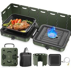 캠핑 스토브 그릴이 있는 캐리백 BTU 캠프가 캠프 BBQ 접이식 게이트용 버너 그릴 2개 점화 000 윈드스크린 피에조 포함되어 가능한 장치 프로판에는 17 프로판 조절
