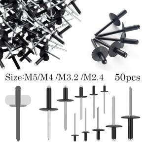 50개 블랙 알루미늄 블라인드 리벳 M2.4 M3.2 M4 M5 돔 헤드 팝 시트 스틸 배기 매드렐용