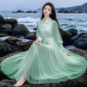 여자 원피스 치마 하계 쉬폰 슬림핏 베이비 넥 해변 바캉스 롱스커트 긴팔 비치 원픽2