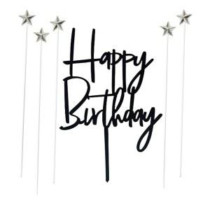 블랙 아크릴 생일 축하 케이크 토퍼 1개 세트, 은색 스타 컵케이크 5개(블랙 1개)