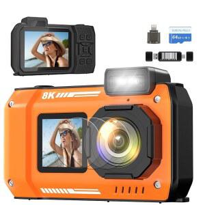 [미국배송] 64GB 카드 70MP 18배 줌 방수 디지털 카메라 오토 포커스 듀얼 스크린 셀카 2500MAH 배터리 방진 충격 방지 기능이 있는 8K 수중 33FT