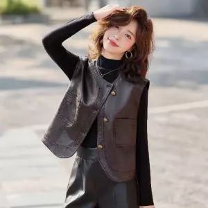 타노스여성 가을 캐주얼 아우터 데일리룩 민소매 가죽베스트 W 숏 라이더복 조끼 KUK3