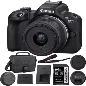 18-45mm 렌즈(블랙)가 장착된 캐논 EOS R50 미러리스 카메라 64GB 메모리 카드 번들 200ES 숄더백 3개 품목