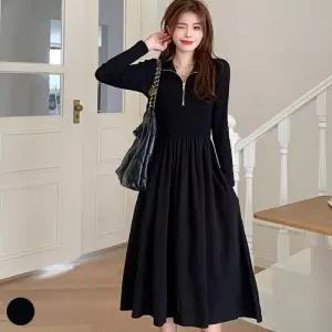 올블랙 칼라감 반집업 스타일 A라인 여성 롱 원피스