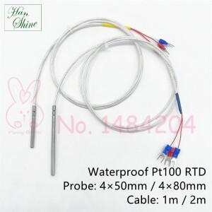 방수 Pt100 4mm 온도 센서 프로브, RTD 50mm 저항 1m 2m 3 선 차폐 케이블 200 °C