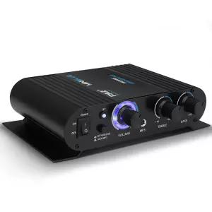 Pyle 무선 블루투스 홈 오디오 앰프 - 스피커 셀렉터 RCA AUX LED 12V 어댑터가 장착된 90W 듀얼 채널 미니