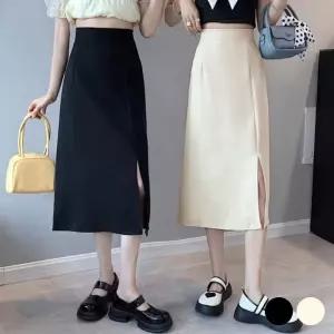 스커트 치마 여성 앞트임 실키한 느낌 허리밴딩 데일리