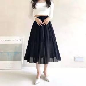 스커트 치마 여자 리나나 쉬폰 주름 미디 밴딩