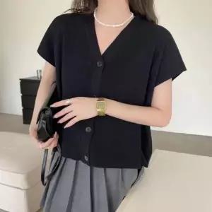 [하프클럽/]여성 여름 기본 브이넥 프릴 반팔 카디건