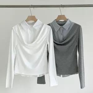 [하프클럽/셀러허브_여성트랜드패션]여성 드레이프 스트라이프 카라 티 슬