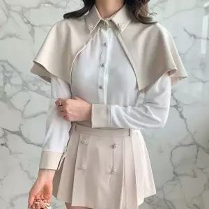 [하프클럽/]여성 진주 단추 카라 배색 케이프 흰색 블라우스