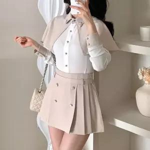 [하프클럽/]여성 진주 단추 카라 배색 케이프 흰색 블라우스