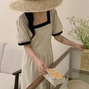 [하프클럽/셀러허브_여성트랜드패션]배색 셔링  스퀘어넥 퍼프 롱 원피스_5