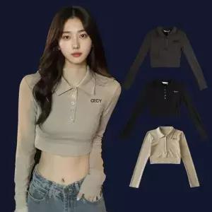 [하프클럽/셀러허브_여성트랜드패션]여자 데일리룩 골지 크롭 카라 긴팔티