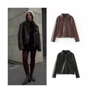 타노스여성용 춘추 데일리룩 무스탕 폴라넥 코트 스트리트패션 자켓 키작 가죽 KUK1