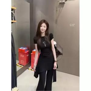 무천도사 여성 여성용 팬츠 캐주얼 여름 정장세트 슬림핏 언밸런스 반팔 티 세트 KKE2