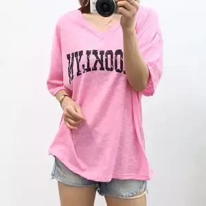여성 브루 브이넥 봄 여름 면티 77 루즈핏 레터링 반팔 티 티셔츠