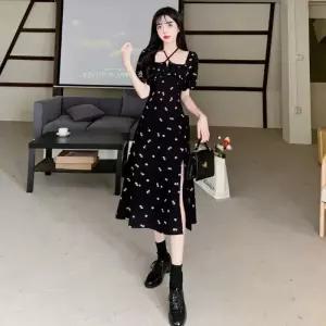 원피스 검정 여친 쉬폰 빅사이즈 통통 하이넥 허리 트임 퍼프 원픽1