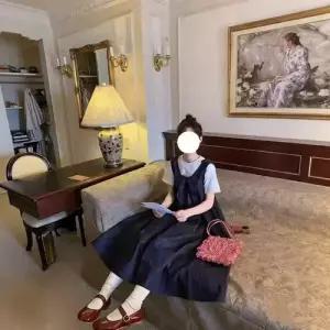 EAMT 스커트 데님 여자 롱 빈티지 A라인 프렌치 멜빵 YJ1