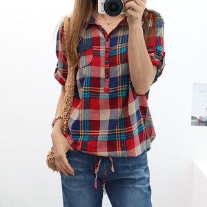 여성  23S 원 체크 반팔 남방 반오픈 롤업 루즈핏 미시 중년 여름 셔츠 블라우스