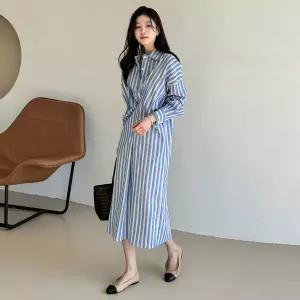 [모리스커밍홈] 스트라이프 롱 셔츠 원피스_M2503OP011A