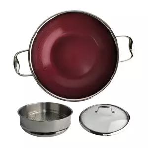 쿡셀 블랙큐브 IH 세라믹 레드 파티웍팬+찜기 28cm 더블코팅 인덕션가능 양수팬 전골팬