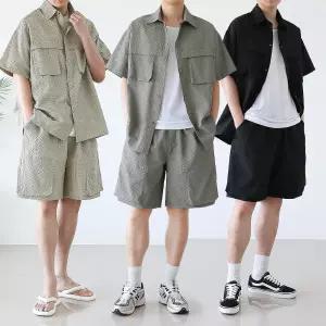 남자 오버핏 시어서커 벌룬 포켓 셔츠 5부 쇼츠 빅사이즈 트레이닝 셋업