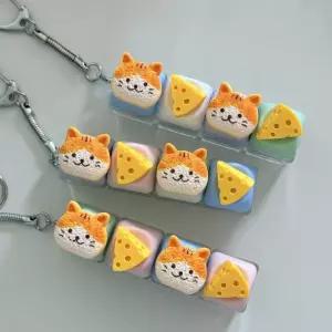 키와이  4구 강아지 치즈 고양이 케이크 LED 야광 불빛 키캡 키링 컬러 키보드 자판 딸깍이 클리커