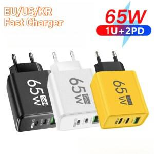 65W USB+2 타입 C 3포트 GaN 충전기 고속 충전 EU/US/KR 플러그 폰 어댑터 (아이폰, 샤오미, 화웨이, 삼성, 원플러스용)