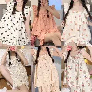 레이스 반팔 실크 원피스 체크 반바지 여름 홈웨어 파자마 프릴 잠옷 나시 교회 딸기 원단