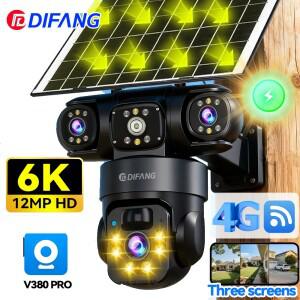 V380 Pro 무선 태양광 보안 카메라 세 개의 화면 세 개의 렌즈 6K 4G 심카드 태양광 CCTV 4G V380 배터리
