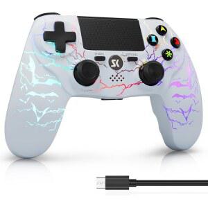 PS4용 ISHAKO 컨트롤러, 소니 플레이스테이션 4용 라이트업 게임 컨트롤러 /Pro /Slim /PC 윈도우, RGB 라이트로 제어, 1000mah 배터리, 이중 진동, 6축 모션 컨트롤, 3.5mm 오디오 잭 - 화이트