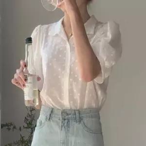 프릴블라우스 여성 청순 시스루 퍼프 소매 반팔 카라 블라우스 셔츠