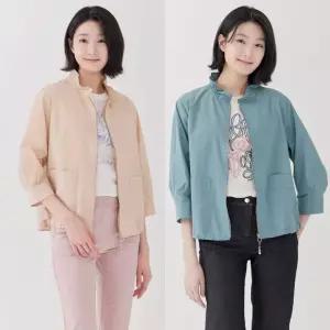 지센 여성 여름 이월상품 메쉬배색 밴드넥 등판 자수 크롭 점퍼형 코트 자켓 LCCAP426