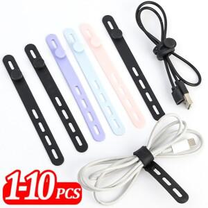 1-10피스 실리콘 케이블  넥재사용 가능 와이어 보관 밴드 헤드폰 라인 USB 데이터 코드 조정 관리 스트랩