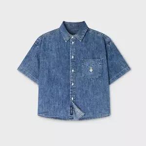 후아유 Steve 데님 청 크롭 Short Sleeve 셔츠 남방s WHYJG2522F 480517