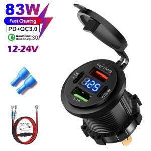 4포트 86W 차량용 충전기 PD 타입 C QC3.0 고속 전압계 전원 콘센트 어댑터 방수 12V24V 자동차보트용
