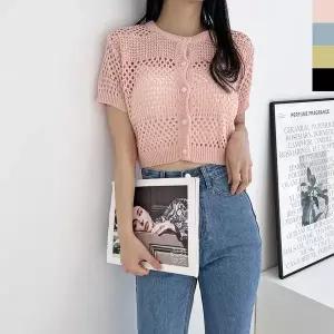 [하프클럽/]여성 크롭 반팔 니트 가디건 그물 라운드넥