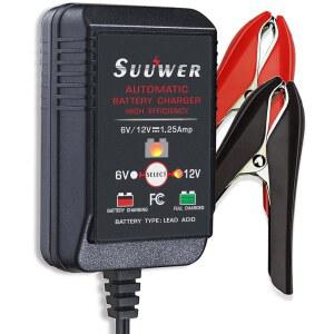 [미국배송] 수워 6V / 12V 1.25A 완전 자동 스마트 배터리 충전기 12FT 전원 코드가 있는 트리클 충전기 및 유지보수기 SAE 커넥터 악어 클립 자동차 모터사이클 ATV 보트 잔디깎이용 OT 단자