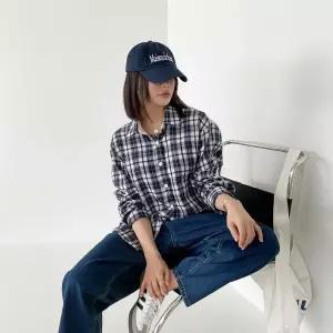 [하프클럽/]여성 체크 패턴 카라넥 골덴 똑딱이 단추 셔츠